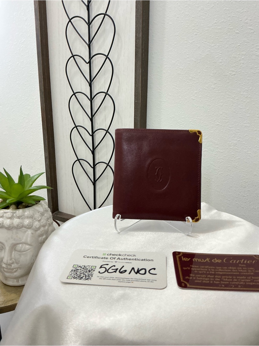 Preowned Vintage Cartier Burgundy Leather Bifold Wallet with 2 COAs